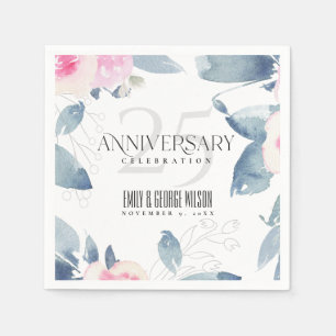 SOFT BLUSH BLUE FLORAL 25TH ANY YEAR ANNIVERSARY NAPKIN