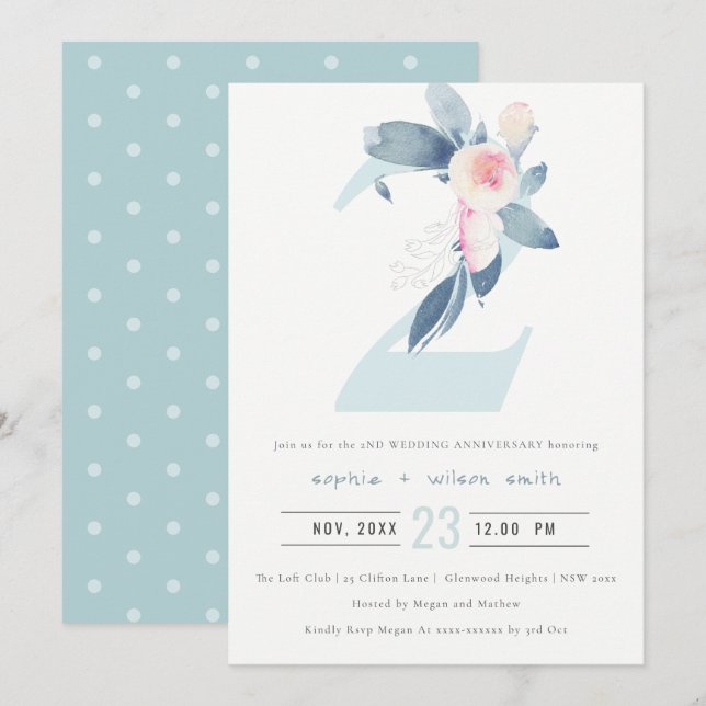 SOFT BLUSH BLUE FLORAL 2ND ANY YEAR ANNIVERSARY INVITATION (Front/Back)