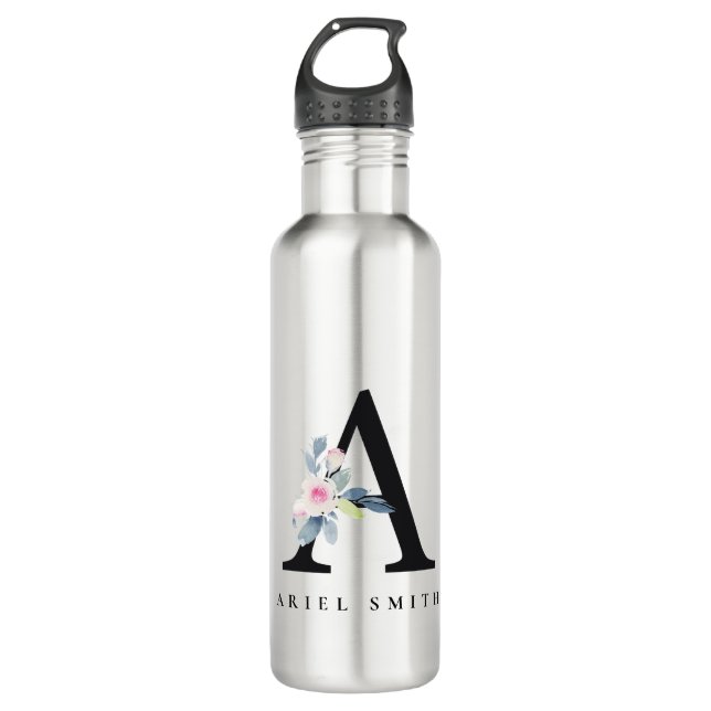 SOFT BLUSH BLUE FLORAL ALPHABETS NAME LETTER A 710 ML WATER BOTTLE (Front)