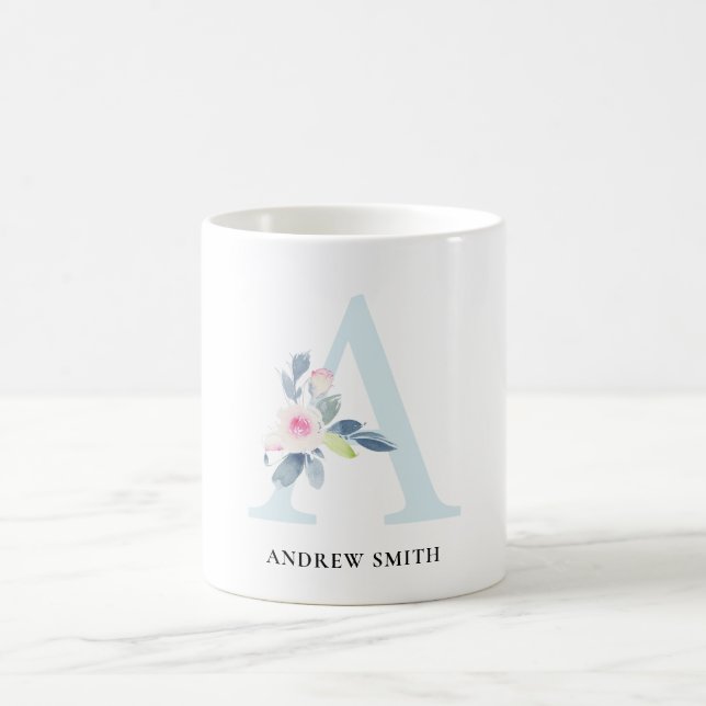 SOFT BLUSH BLUE FLORAL ALPHABETS NAME LETTER A COFFEE MUG (Center)