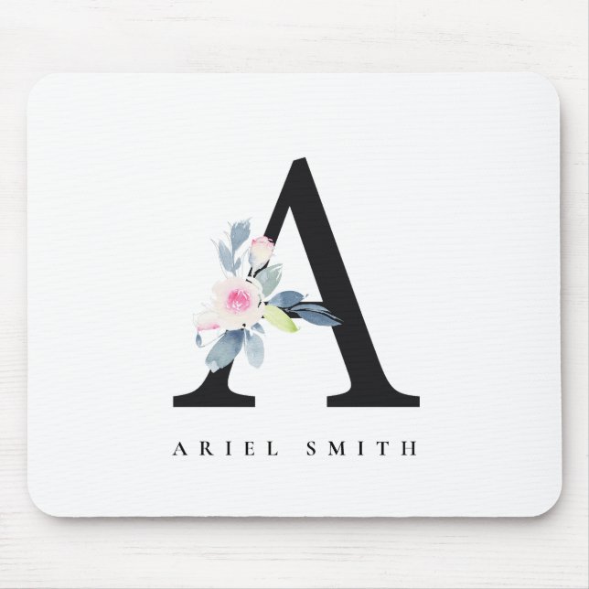 SOFT BLUSH BLUE FLORAL ALPHABETS NAME LETTER A MOUSE MAT (Front)