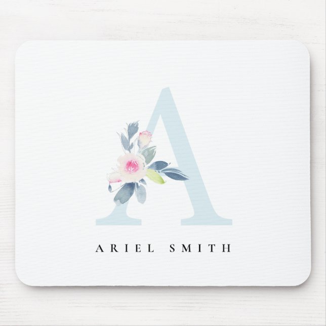 SOFT BLUSH BLUE FLORAL ALPHABETS NAME LETTER A MOUSE MAT (Front)