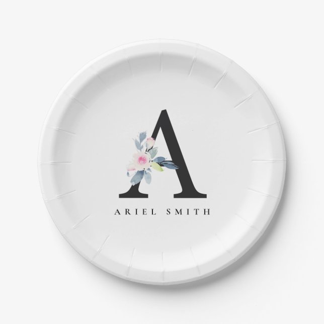 SOFT BLUSH BLUE FLORAL ALPHABETS NAME LETTER A PAPER PLATE (Front)