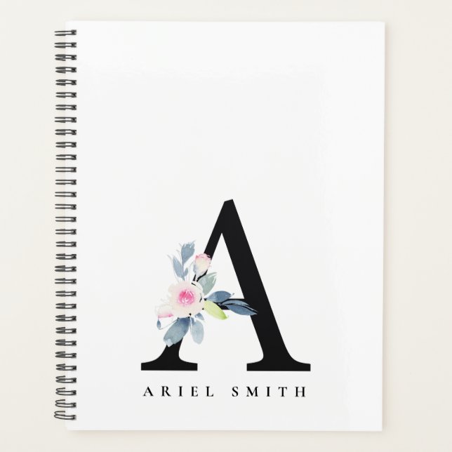 SOFT BLUSH BLUE FLORAL ALPHABETS NAME LETTER A PLANNER (Front)
