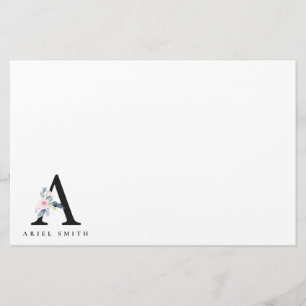 SOFT BLUSH BLUE FLORAL ALPHABETS NAME LETTER A STATIONERY