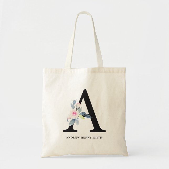 SOFT BLUSH BLUE FLORAL ALPHABETS NAME LETTER A TOTE BAG (Front)