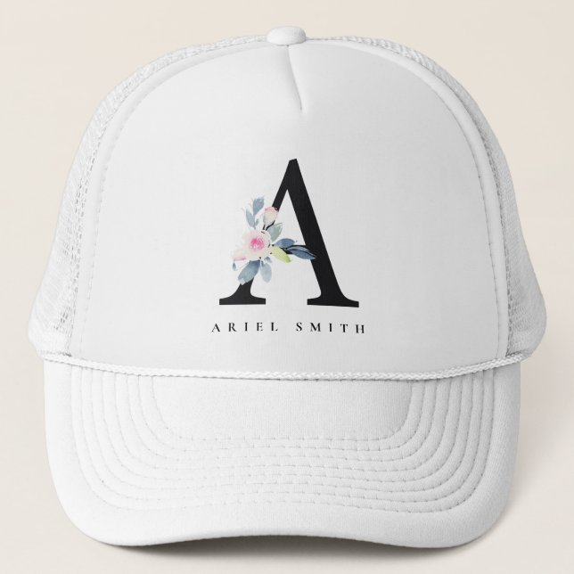 SOFT BLUSH BLUE FLORAL ALPHABETS NAME LETTER A TRUCKER HAT (Front)