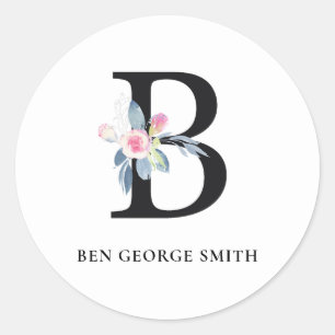 SOFT BLUSH BLUE FLORAL ALPHABETS NAME LETTER B CLASSIC ROUND STICKER