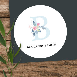 SOFT BLUSH BLUE FLORAL ALPHABETS NAME LETTER B CLASSIC ROUND STICKER