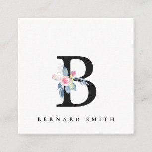 SOFT BLUSH BLUE FLORAL ALPHABETS NAME LETTER B SQUARE BUSINESS CARD