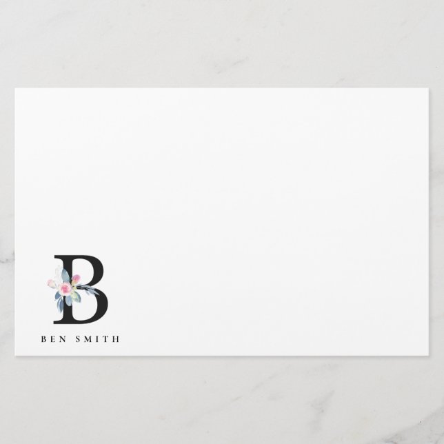 SOFT BLUSH BLUE FLORAL ALPHABETS NAME LETTER B STATIONERY (Front)