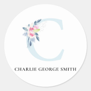 SOFT BLUSH BLUE FLORAL ALPHABETS NAME LETTER C CLASSIC ROUND STICKER