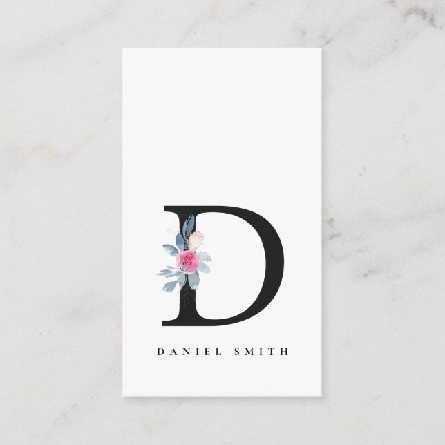 SOFT BLUSH BLUE FLORAL ALPHABETS NAME LETTER D BUSINESS CARD (Front)