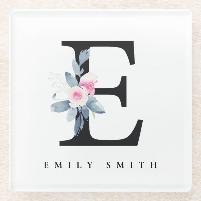 SOFT BLUSH BLUE FLORAL ALPHABETS NAME LETTER E GLASS COASTER (Front)