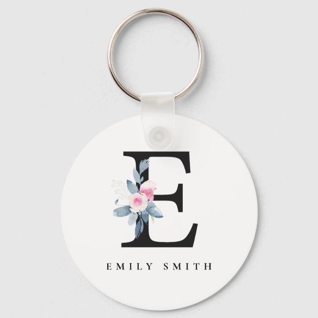 SOFT BLUSH BLUE FLORAL ALPHABETS NAME LETTER E KEY RING (Front)