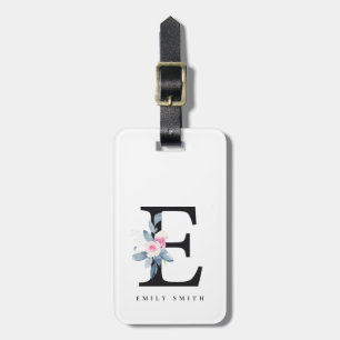 SOFT BLUSH BLUE FLORAL ALPHABETS NAME LETTER E LUGGAGE TAG