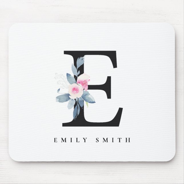 SOFT BLUSH BLUE FLORAL ALPHABETS NAME LETTER E MOUSE MAT (Front)
