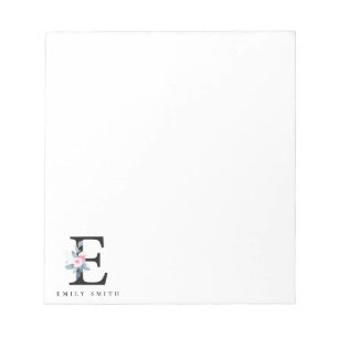 SOFT BLUSH BLUE FLORAL ALPHABETS NAME LETTER E NOTEPAD