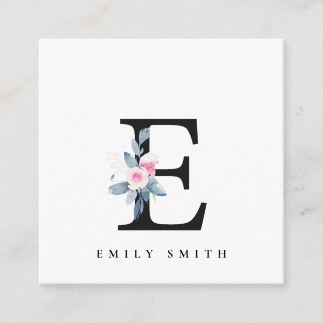 SOFT BLUSH BLUE FLORAL ALPHABETS NAME LETTER E SQUARE BUSINESS CARD (Front)