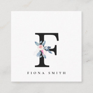 SOFT BLUSH BLUE FLORAL ALPHABETS NAME LETTER F SQUARE BUSINESS CARD