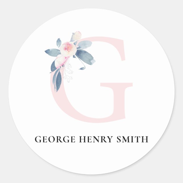 SOFT  BLUSH BLUE FLORAL ALPHABETS NAME LETTER G CLASSIC ROUND STICKER (Front)