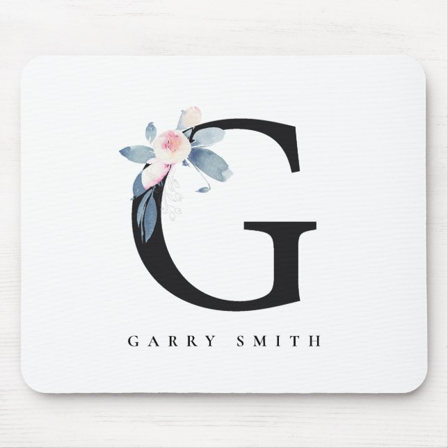 SOFT BLUSH BLUE FLORAL ALPHABETS NAME LETTER G MOUSE MAT (Front)