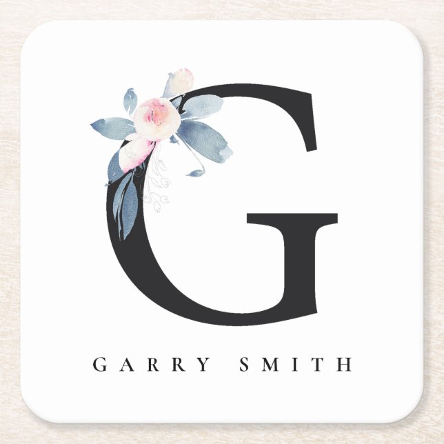 SOFT BLUSH BLUE FLORAL ALPHABETS NAME LETTER G SQUARE PAPER COASTER (Front)