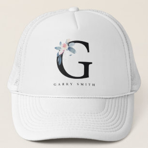 SOFT BLUSH BLUE FLORAL ALPHABETS NAME LETTER G TRUCKER HAT