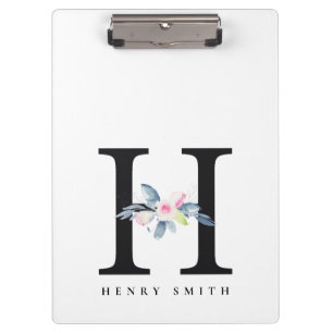 SOFT BLUSH BLUE FLORAL ALPHABETS NAME LETTER H CLIPBOARD