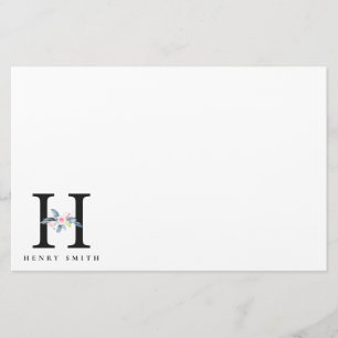 SOFT BLUSH BLUE FLORAL ALPHABETS NAME LETTER H STATIONERY