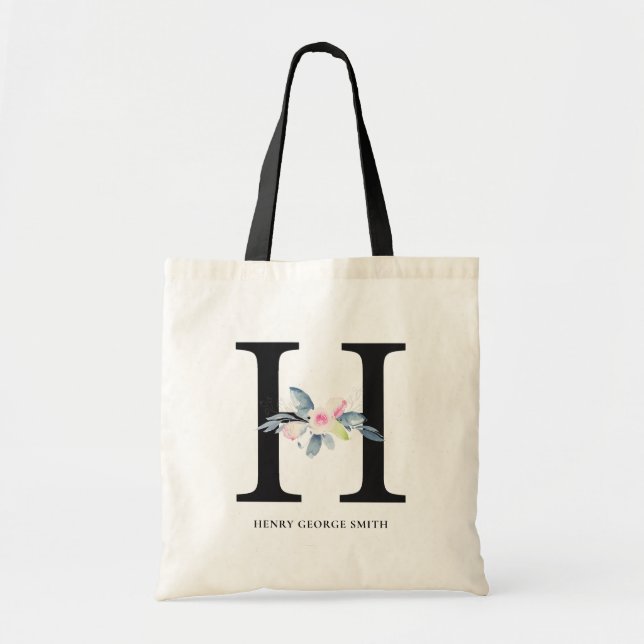 SOFT BLUSH BLUE FLORAL ALPHABETS NAME LETTER H TOTE BAG (Front)