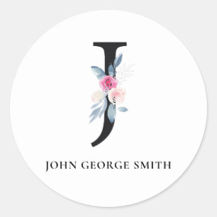 SOFT BLUSH BLUE FLORAL ALPHABETS NAME LETTER J CLASSIC ROUND STICKER