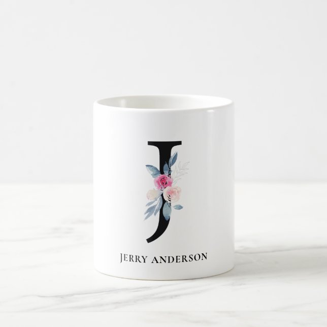 SOFT BLUSH BLUE FLORAL ALPHABETS NAME LETTER J COFFEE MUG (Center)