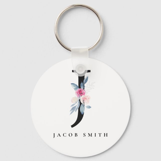 SOFT BLUSH BLUE FLORAL ALPHABETS NAME LETTER J KEY RING (Front)