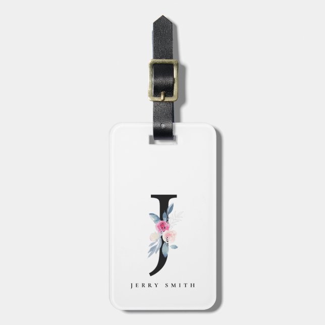 SOFT BLUSH BLUE FLORAL ALPHABETS NAME LETTER J LUGGAGE TAG (Front Vertical)