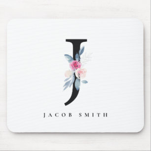 SOFT BLUSH BLUE FLORAL ALPHABETS NAME LETTER J MOUSE MAT