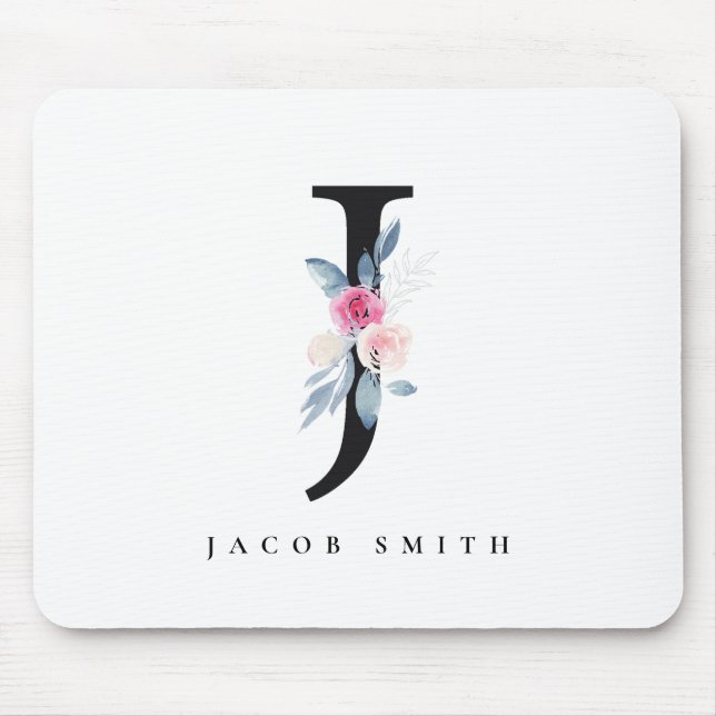 SOFT BLUSH BLUE FLORAL ALPHABETS NAME LETTER J MOUSE MAT (Front)