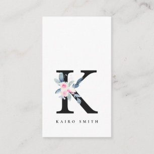 SOFT BLUSH BLUE FLORAL ALPHABETS NAME LETTER K BUSINESS CARD