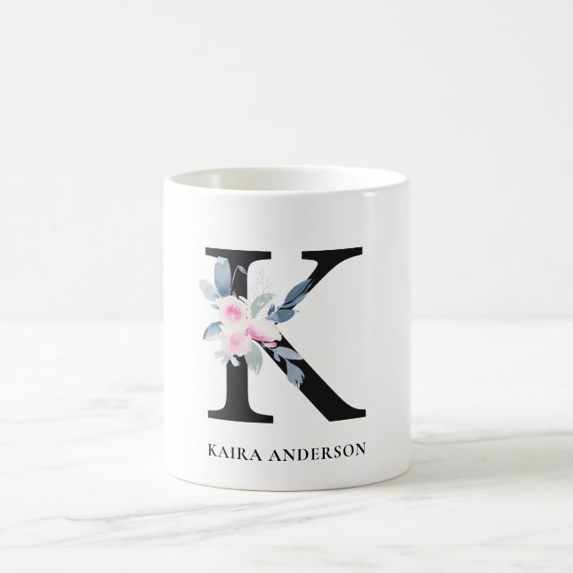 SOFT BLUSH BLUE FLORAL ALPHABETS NAME LETTER K COFFEE MUG (Center)