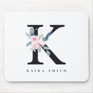 SOFT BLUSH BLUE FLORAL ALPHABETS NAME LETTER K MOUSE MAT
