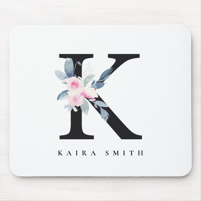SOFT BLUSH BLUE FLORAL ALPHABETS NAME LETTER K MOUSE MAT (Front)