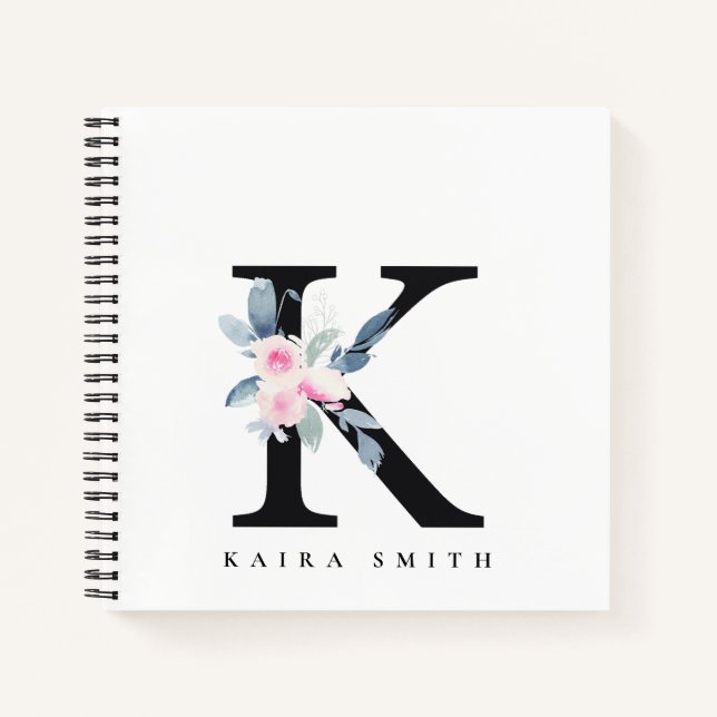 SOFT BLUSH BLUE FLORAL ALPHABETS NAME LETTER K NOTEBOOK (Front)
