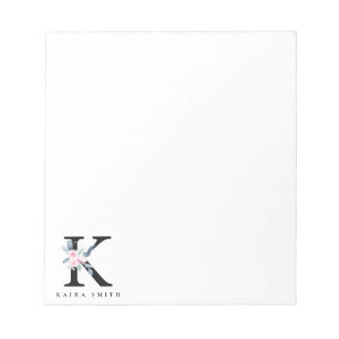 SOFT BLUSH BLUE FLORAL ALPHABETS NAME LETTER K NOTEPAD