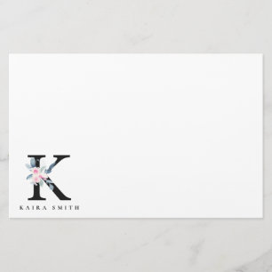SOFT BLUSH BLUE FLORAL ALPHABETS NAME LETTER K STATIONERY