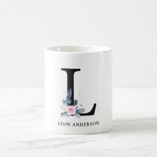 SOFT BLUSH BLUE FLORAL ALPHABETS NAME LETTER L COFFEE MUG