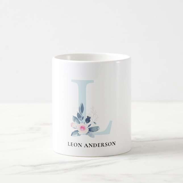 SOFT BLUSH BLUE FLORAL ALPHABETS NAME LETTER L COFFEE MUG (Center)