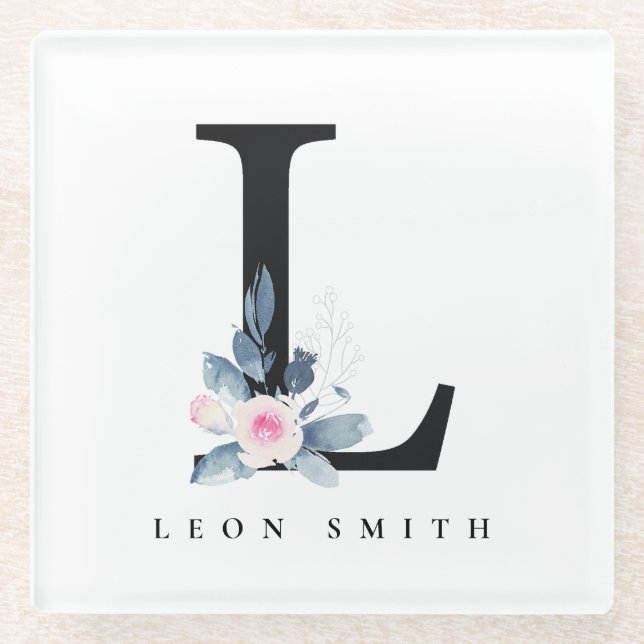 SOFT BLUSH BLUE FLORAL ALPHABETS NAME LETTER L GLASS COASTER (Front)