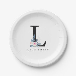 SOFT BLUSH BLUE FLORAL ALPHABETS NAME LETTER L PAPER PLATE