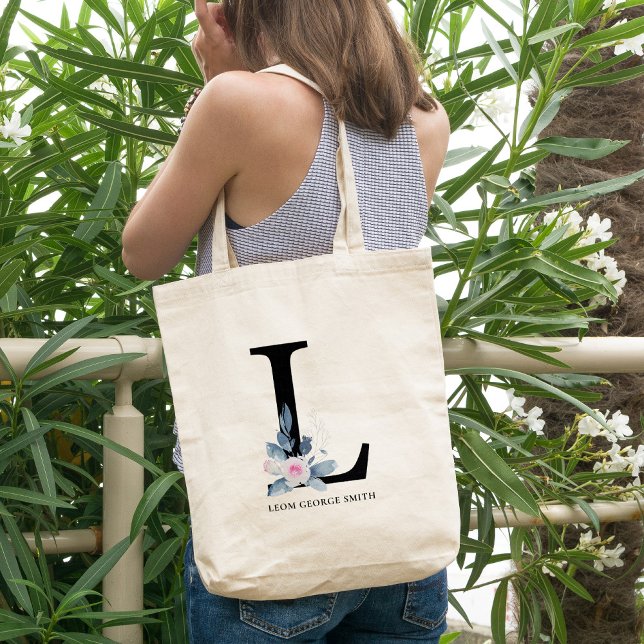 SOFT BLUSH BLUE FLORAL ALPHABETS NAME LETTER L TOTE BAG (Creator Uploaded)