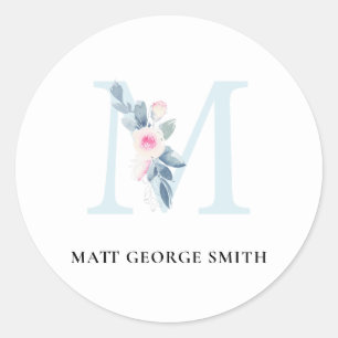 SOFT BLUSH BLUE FLORAL ALPHABETS NAME LETTER M CLASSIC ROUND STICKER